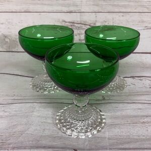 3 Vintage Anchor Hocking Boopie Bubble Foot Green Champagne Sherbet Goblets 4"